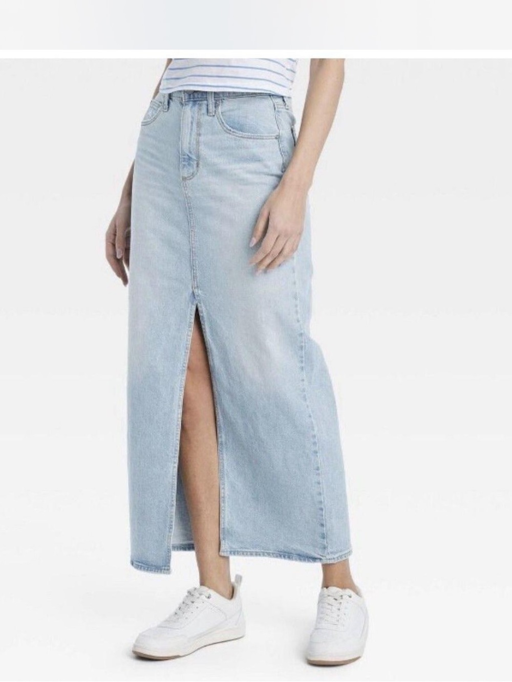 Universal Thread Light Wash Denim Maxi Skirt Front Slit Size 00